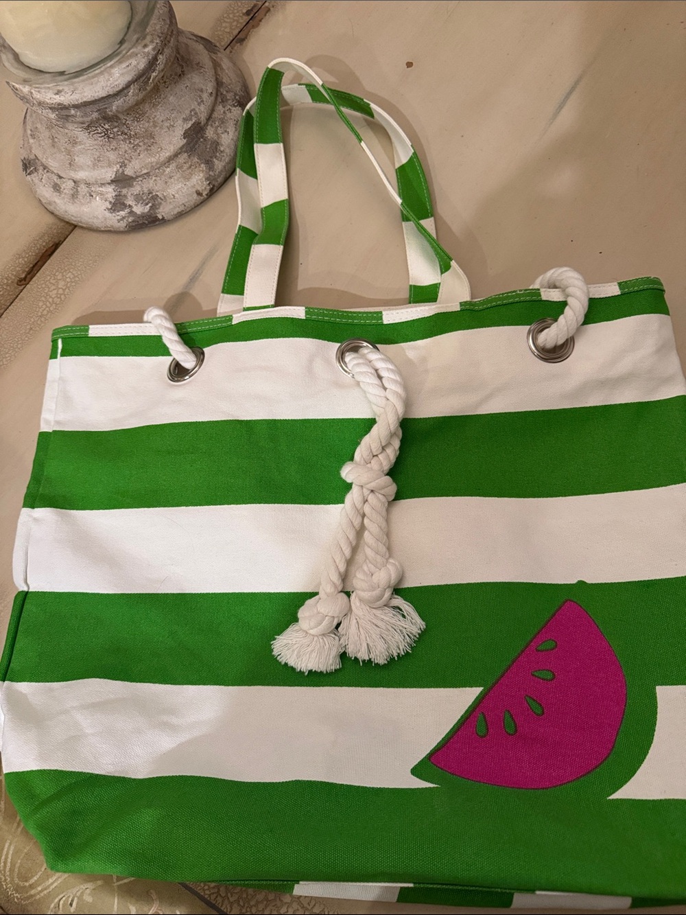 Green and White Striped Women's Tote Bag with Pink Watermelon Accent